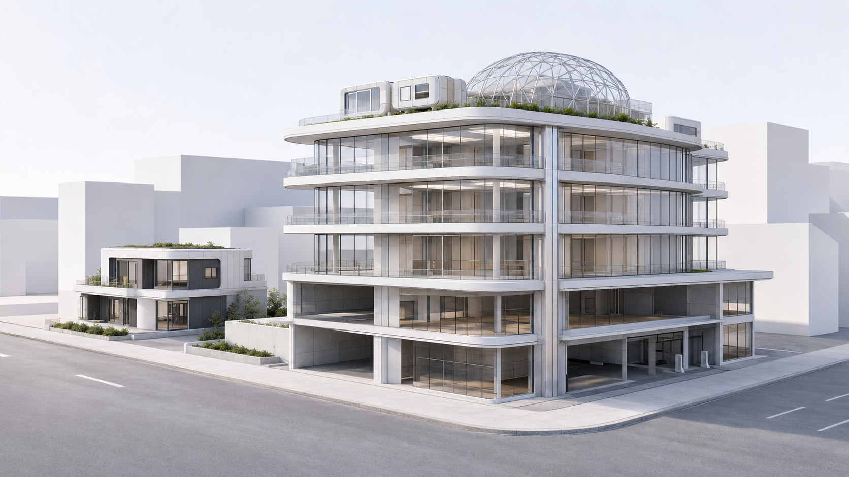 COHESION micro-campus reference building — glass civic tower with rooftop geodesic SML.PLNT dome and co-living pods, beside a compact support duplex.